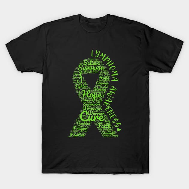 Lymphoma Awareness Lime Green Ribbon With Positive Words T-Shirt by Rosemarie Guieb Designs